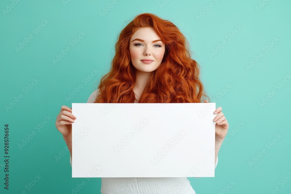 Confident Redhead Plus Size Woman Holding Blank White Sign for Custom Message Against Teal Background. Confident Redhead Plus Size Woman Holding Blank White Sign for Custom Message Against Teal Background.