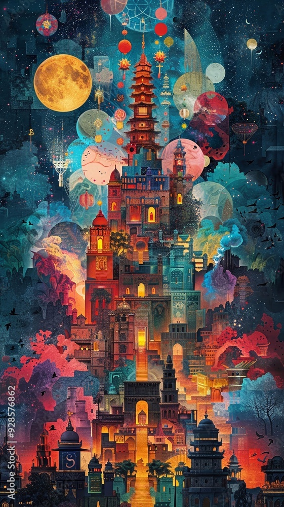A fantastical cityscape illuminated by vibrant lights and surrounded by a cosmic night sky, featuring intricate architectural designs and whimsical celestial elements. A fantastical cityscape illuminated by vibrant lights and surrounded by a cosmic night sky, featuring intricate architectural designs and whimsical celestial elements.