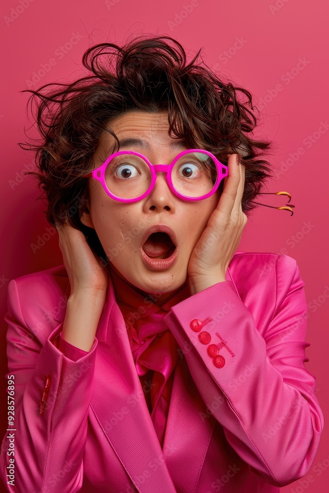 A Young Business Chinese Woman Wearing A Pink Suit, Holding A Copy Space Palm And Keeping Her Hand On Her Cheek A Young Business Chinese Woman Wearing A Pink Suit, Holding A Copy Space Palm And Keeping Her Hand On Her Cheek