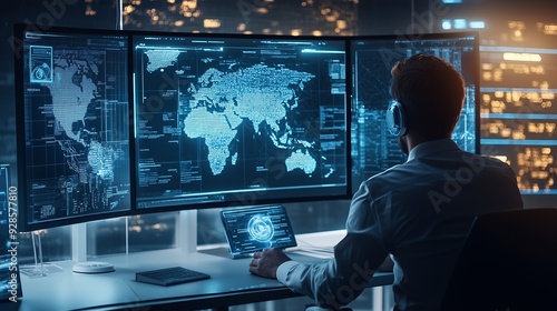 A man sits at a desk in front of multiple computer monitors with a blue world map and code displayed on the screens. He is wearing headphones.