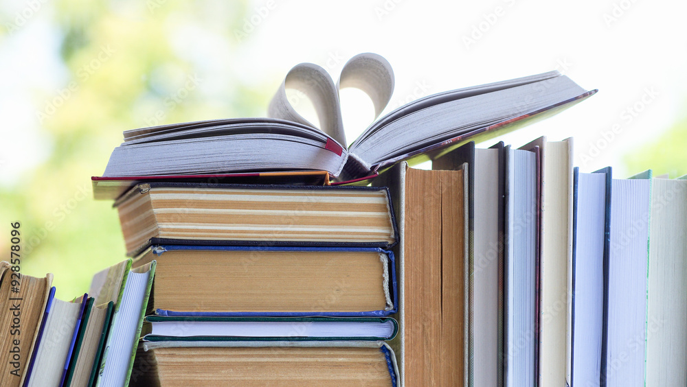 Naklejka premium A simple composition of many hardback books. Going back to school. Education.