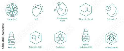Vitamin C, SPF, Hyaluronic Acid, Glycolic Acid, Vitamin E, Retinol, Salicylic Acid, Collagen, Alpha Hydroxy Acid, and Antioxidants Vector Illustration Icon Set