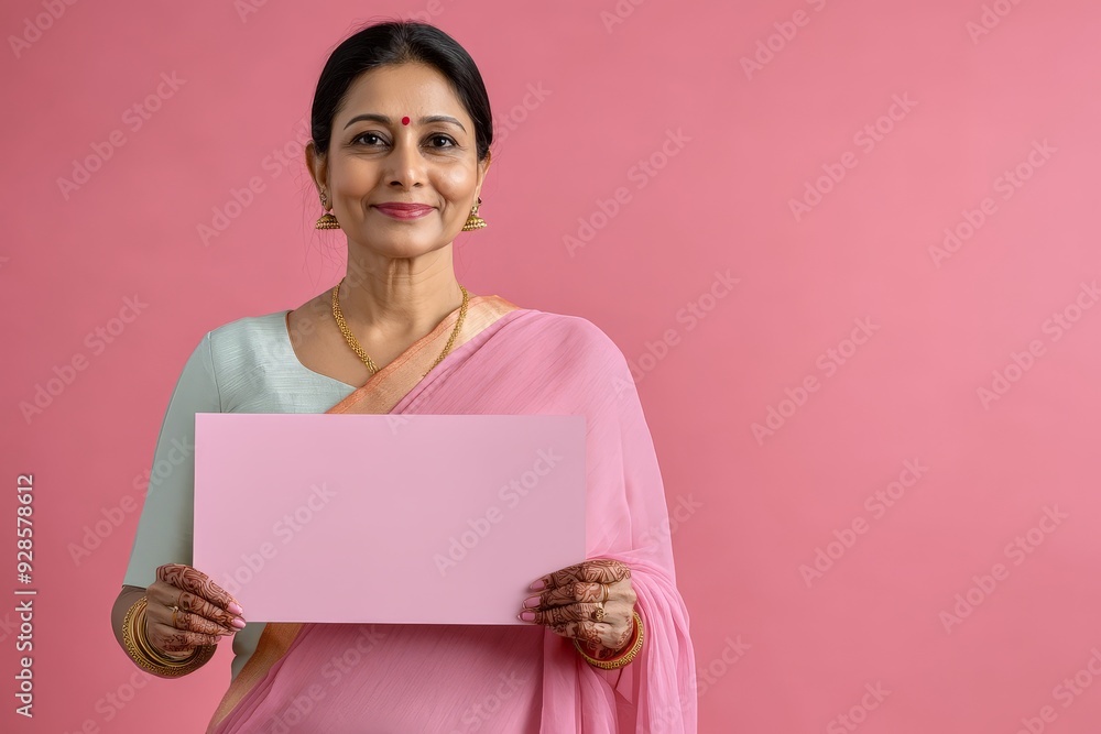 Middle-Aged Indian Woman in Traditional Sari Holding a Blank Sign - Cultural Expression for Events and Announcements. Middle-Aged Indian Woman in Traditional Sari Holding a Blank Sign - Cultural Expression for Events and Announcements.