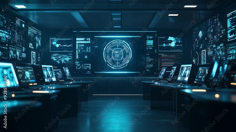 Futuristic control room with glowing screens displaying data, code, and graphs. Futuristic control room with glowing screens displaying data, code, and graphs.