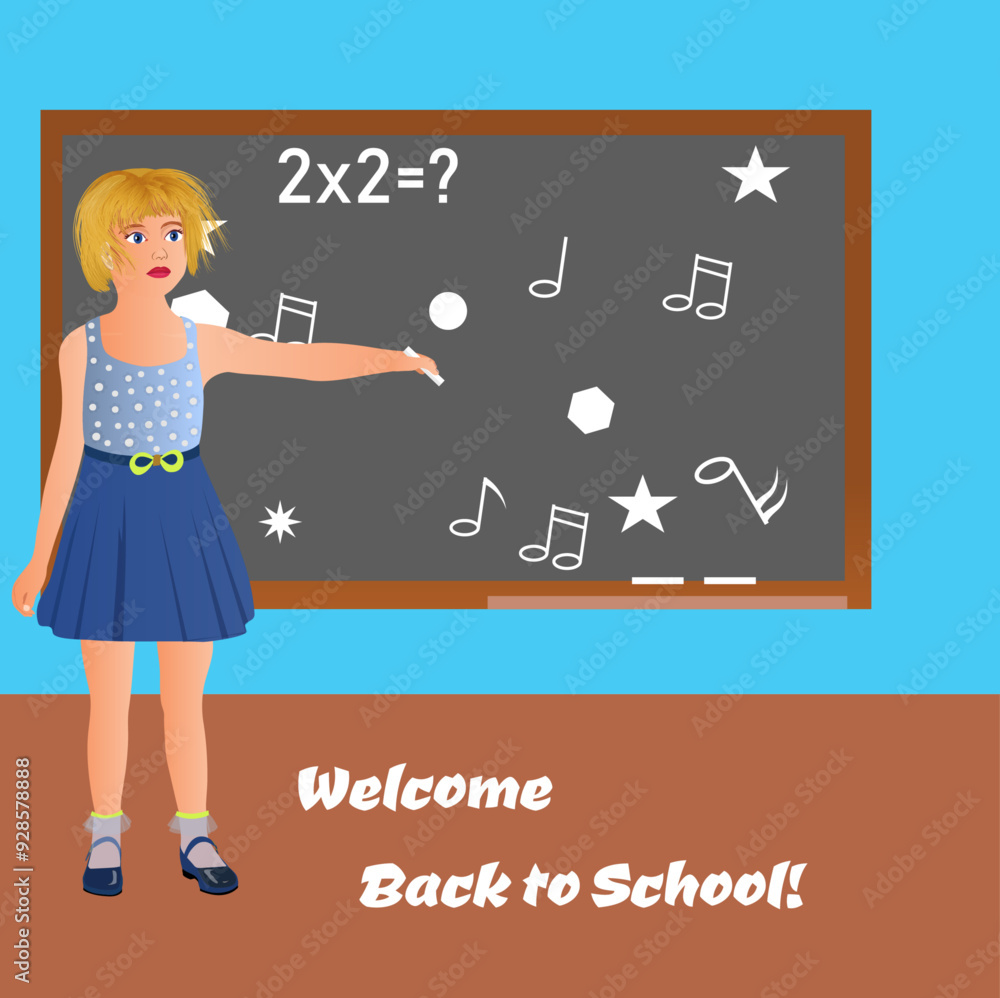 The young student standing in front of the class points with her hand holding a piece of chalk to the blackboard on which different signs are written. Vector illustration on back to school theme. The young student standing in front of the class points with her hand holding a piece of chalk to the blackboard on which different signs are written. Vector illustration on back to school theme.