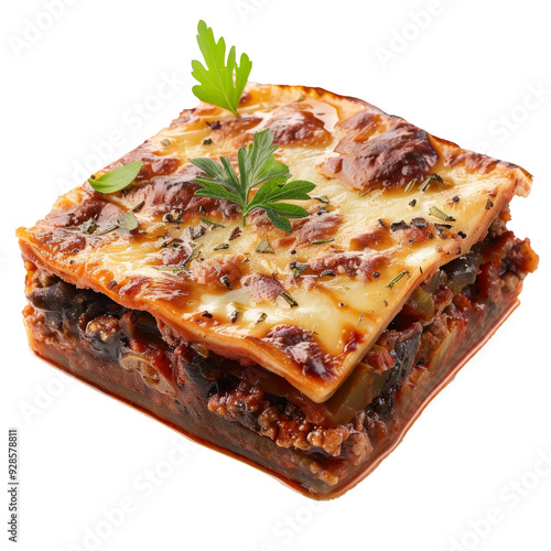 A single serving of baked lasagna with melted cheese and fresh parsley.