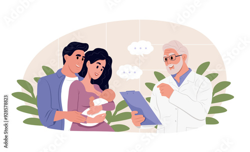 Young family with a newborn in the office of a pediatrician. Medical examination, child health check. Medical consultation concept. Flat vector illustration