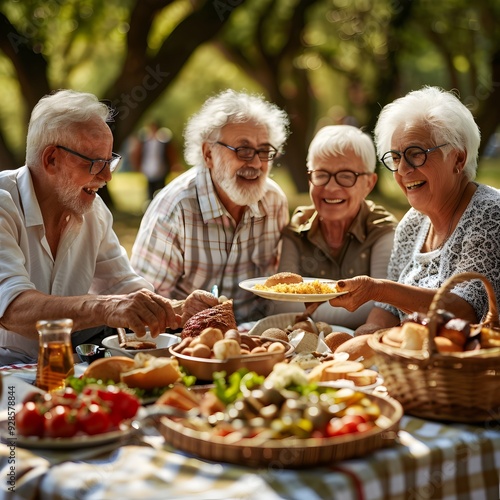 Joyful Retirement Gathering of Elderly Friends Sharing a Picnic in Park