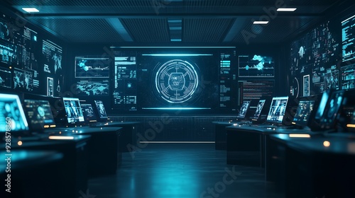 Futuristic control room with glowing screens displaying data, code, and graphs.