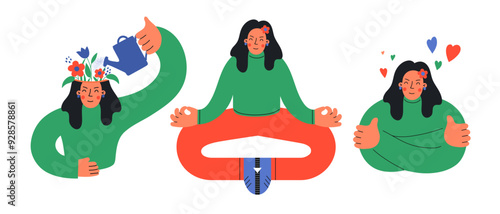 Woman selfcare set. Woman watering flowers growing from her head, meditating and hugging herself.