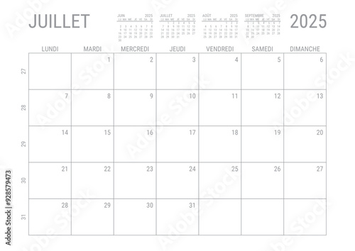 Calendrier Juillet 2025 Mensuel Planificateur avec Numero de Semaine à imprimer A4	