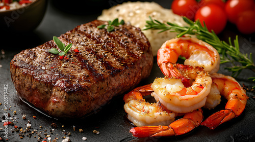  A perfectly grilled filet mignon with freshly cooked shrimp on the side,