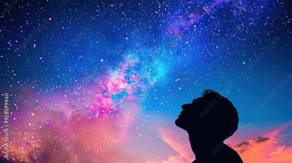 Silhouette of a person gazing at a vibrant night sky filled with stars and colorful nebulae, evoking wonder and introspection Silhouette of a person gazing at a vibrant night sky filled with stars and colorful nebulae, evoking wonder and introspection