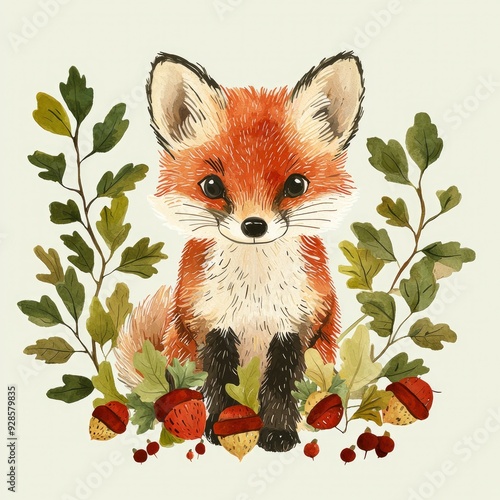 Adorable Watercolor Illustration of a Fox Surrounded by Autumn Foliage photo