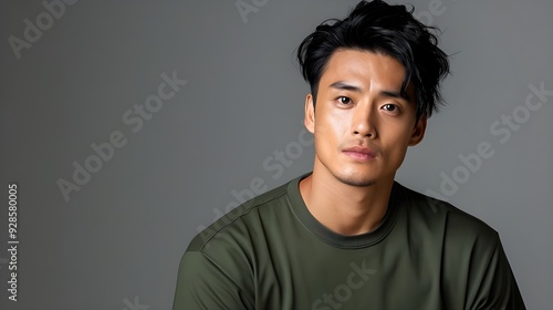 A dashing Korean man with short black hair that was curly at the ends was posing for pictures against a gray backdrop. He was sporting an olive green t-shirt.