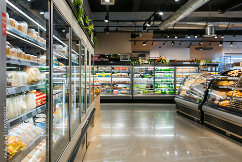 Inside a well-organized grocery store, the dairy aisle is stocked with fresh milk, cheese, and yogurt.