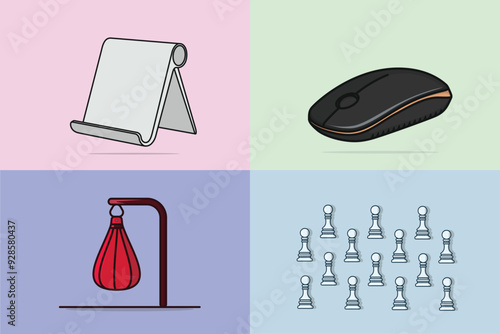Collection of punching bag with Stand with Desktop Cell Phone Stand Tablet and Computer Mouse with Pawn Chess vector design.