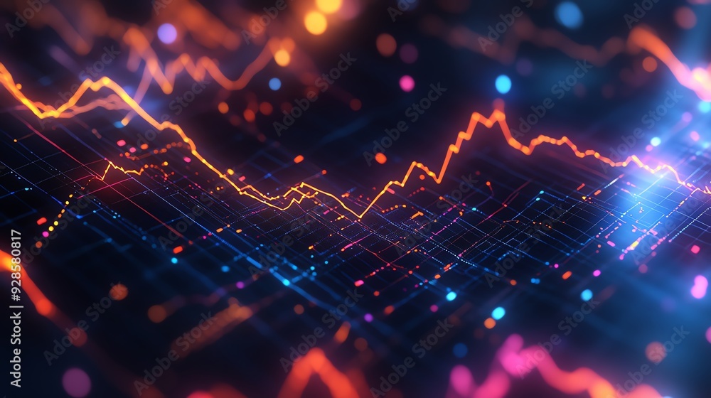 A vibrant digital abstract showcasing data trends with colorful lines and glowing elements, perfect for finance and technology themes. A vibrant digital abstract showcasing data trends with colorful lines and glowing elements, perfect for finance and technology themes.
