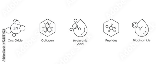 Zinc Oxide, Collagen, Hyaluronic, Peptides, and Niacinamide Vector Illustration Icon Set