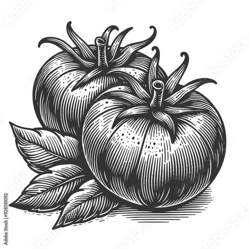 Tomatoes sketch engraving generative ai vector illustration. Scratch board imitation. Black and white image.