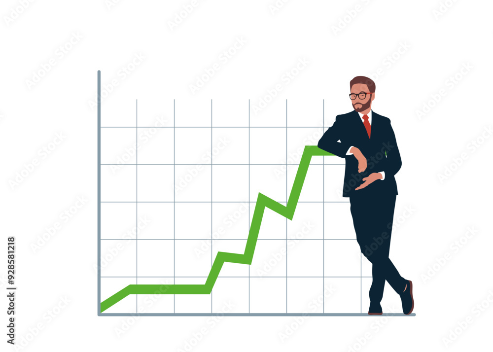 Human standing with crossed legs and leaning on rising profit growth graph. Increase earning or income. Modern vector illustration in flat style Human standing with crossed legs and leaning on rising profit growth graph. Increase earning or income. Modern vector illustration in flat style