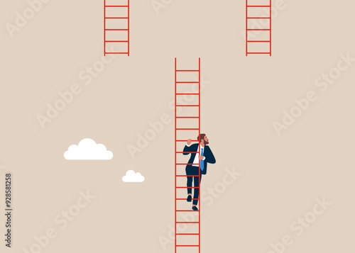 Human doubtful choosing ladder to go higher ladder. Modern vector illustration in flat style