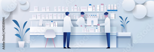 Pharmacy interior with pharmacists working behind counter shelves with medicine bottles plants minimalist design paper cut style