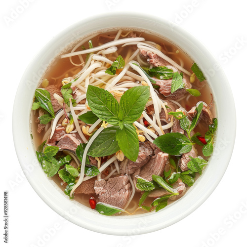 A bowl of pho with beef, noodles, and fresh herbs. photo