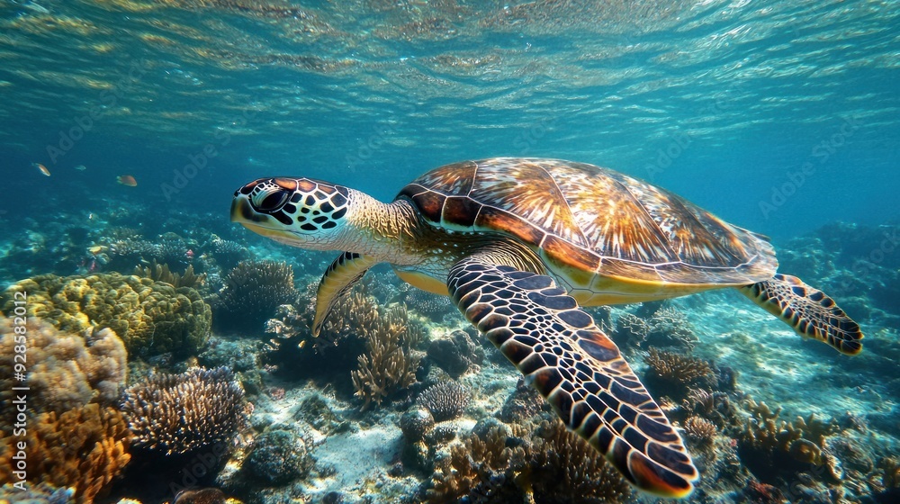 Obraz premium Sea Turtle Swimming Over Coral Reef