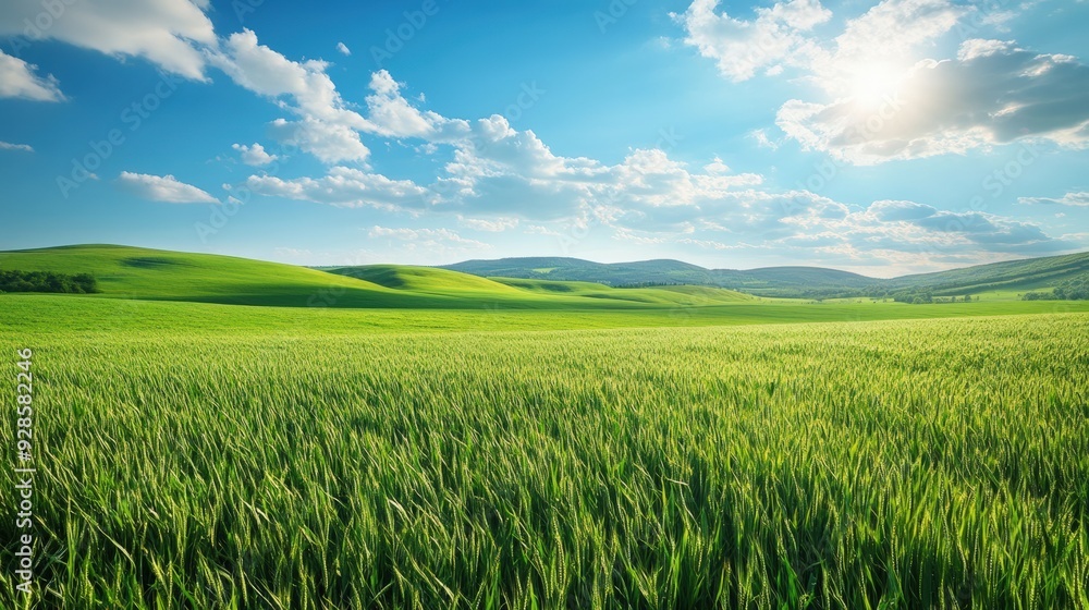 Lush Green Meadow Under a Bright Blue Sky with Rolling Hills in the Background Lush Green Meadow Under a Bright Blue Sky with Rolling Hills in the Background
