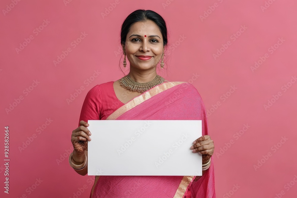 Portrait of Middle-Aged Indian Woman in Sari Holding Blank White Sign for Festival or Event Promotion. Portrait of Middle-Aged Indian Woman in Sari Holding Blank White Sign for Festival or Event Promotion.