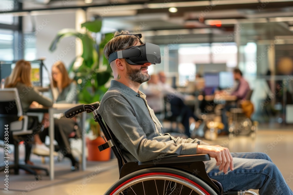 People In Wheelchair. Disabled Businessman in an Open Space Coworking Office Using Virtual Reality Drone Assistance with Team People In Wheelchair. Disabled Businessman in an Open Space Coworking Office Using Virtual Reality Drone Assistance with Team