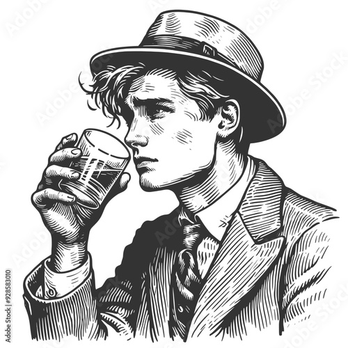 Alcoholic tired or melancholic man drinking alcohol vodka, sense of weariness sketch engraving generative ai fictional character vector illustration. Scratch board imitation. Black and white image.