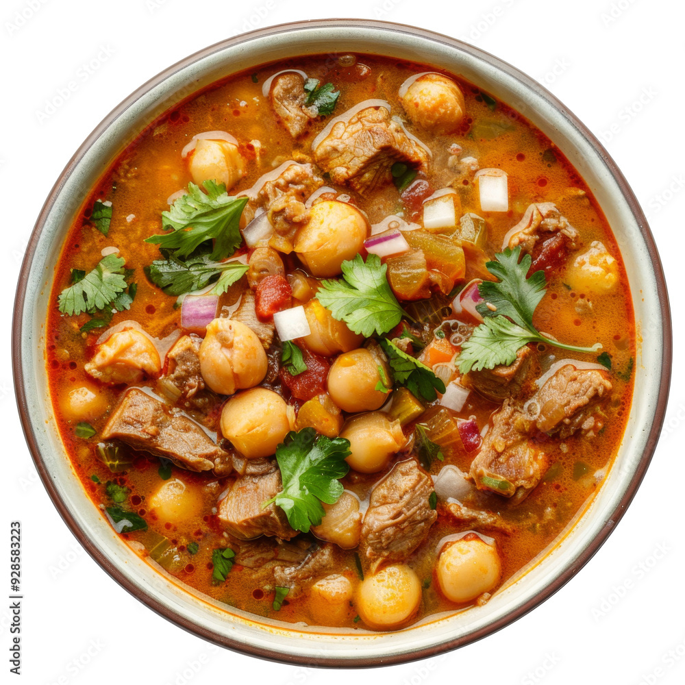 A bowl of hearty chickpea stew with meat, vegetables, and fresh herbs. A bowl of hearty chickpea stew with meat, vegetables, and fresh herbs.