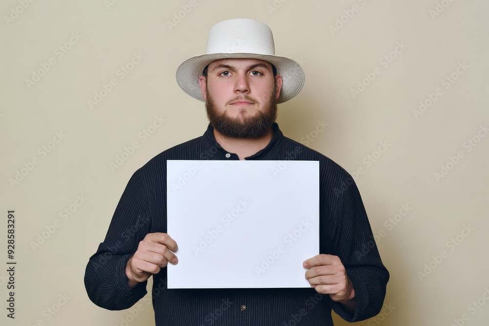 Young Amish Man Holding Blank White Sign for Message or Mockup on Solid Background. Young Amish Man Holding Blank White Sign for Message or Mockup on Solid Background.