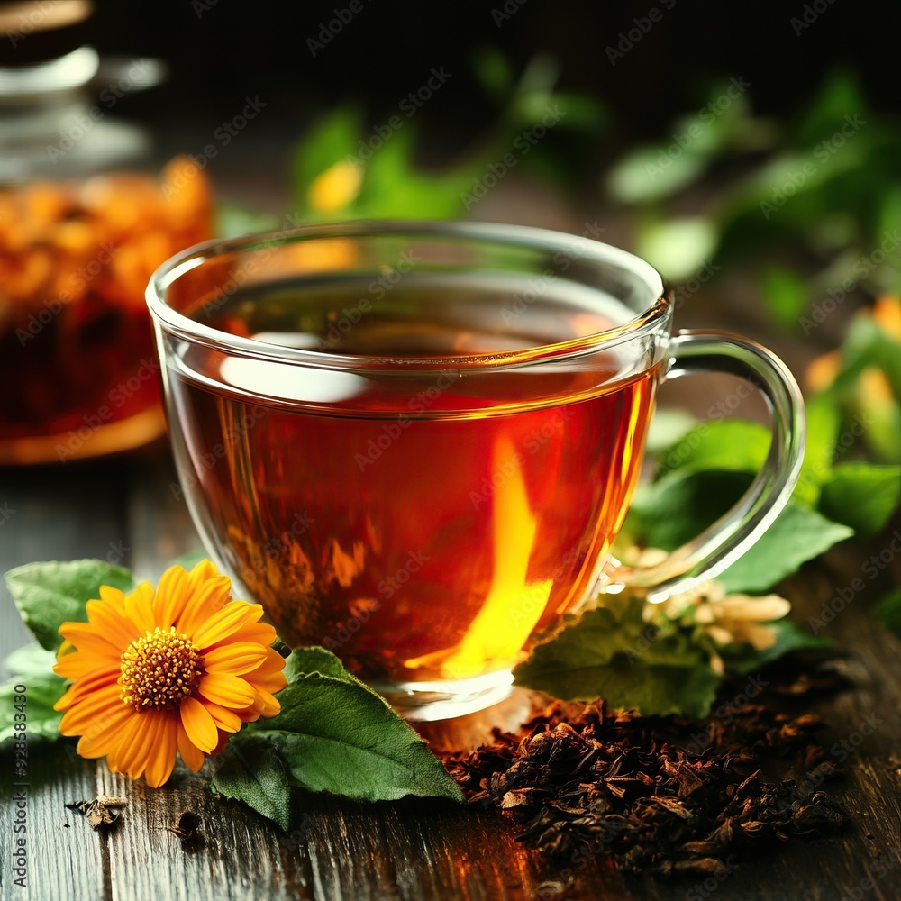 A warm cup of tea surrounded by fresh herbs and a bright flower, embodying comfort and natural beauty in a cozy setting. A warm cup of tea surrounded by fresh herbs and a bright flower, embodying comfort and natural beauty in a cozy setting.