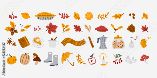 Various cozy autumn design elements. Collection of vector hand drawn illustrations. All elements are isolated.