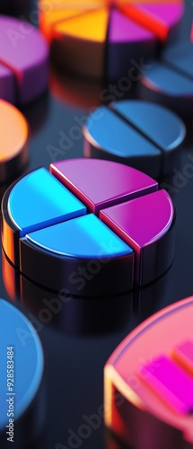 Colorful pie charts arranged in a creative layout, showcasing vibrant shades and modern design for data visualization concepts.
