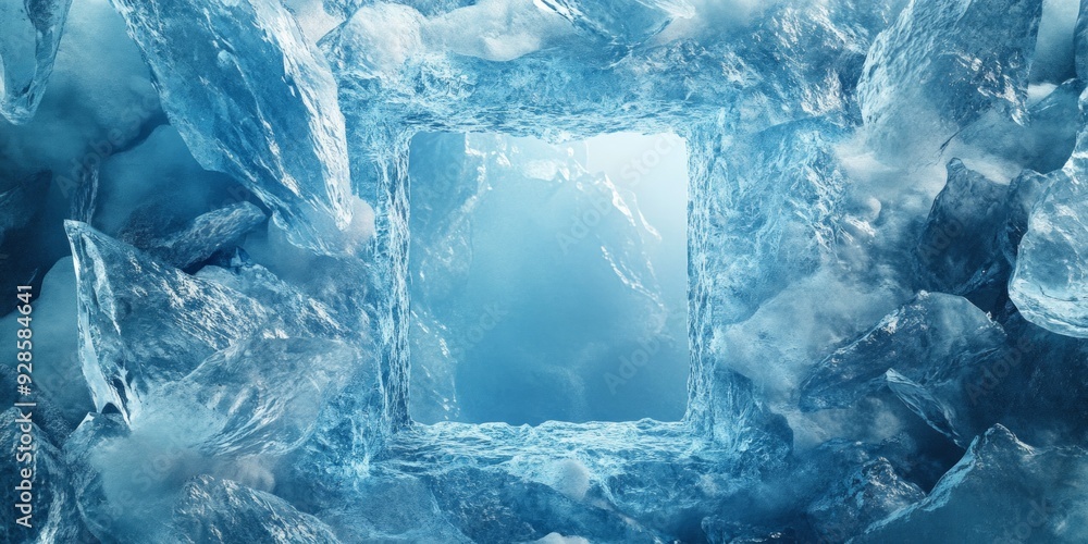 A square, crystal blue ice with detailed textures, sharp edges. A square, crystal blue ice with detailed textures, sharp edges.
