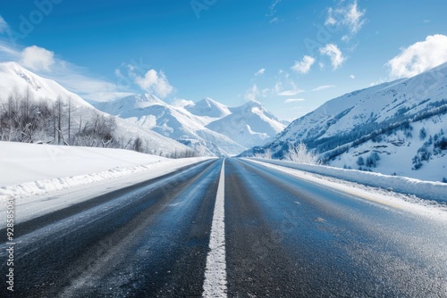 A snowy road with mountains in the background, ideal for winter and mountain themed projects