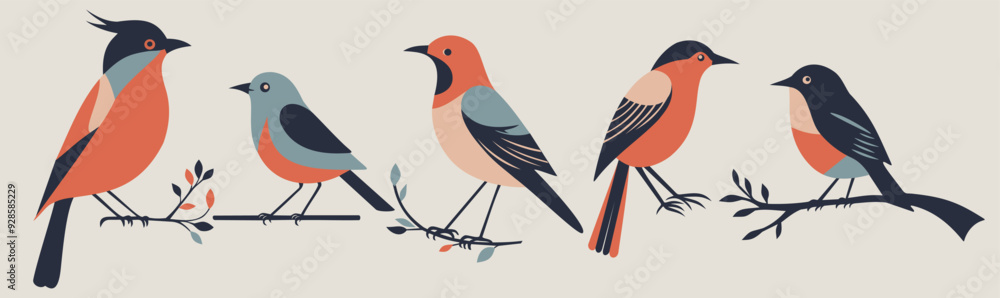 Obraz premium Vector set of decorative folk birds isolated on light beige background