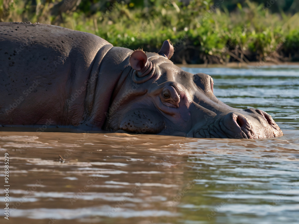 a hippo resting in the shallow part of the rive a hippo resting in the shallow part of the rive