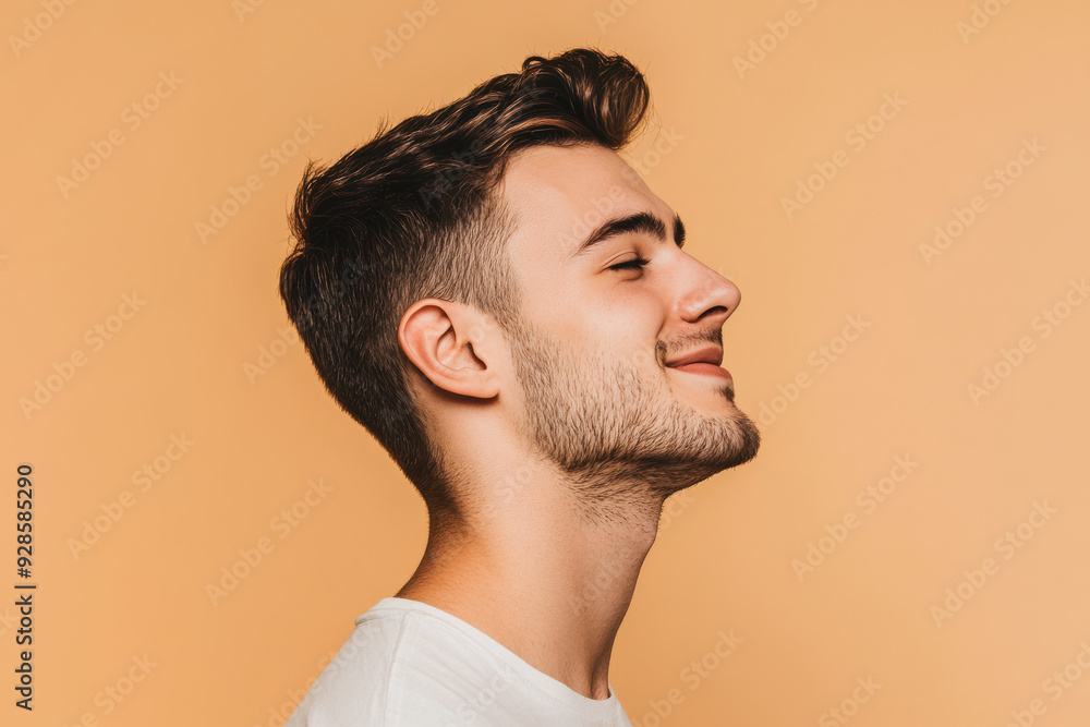 A close up of a man's face with his eyes closed