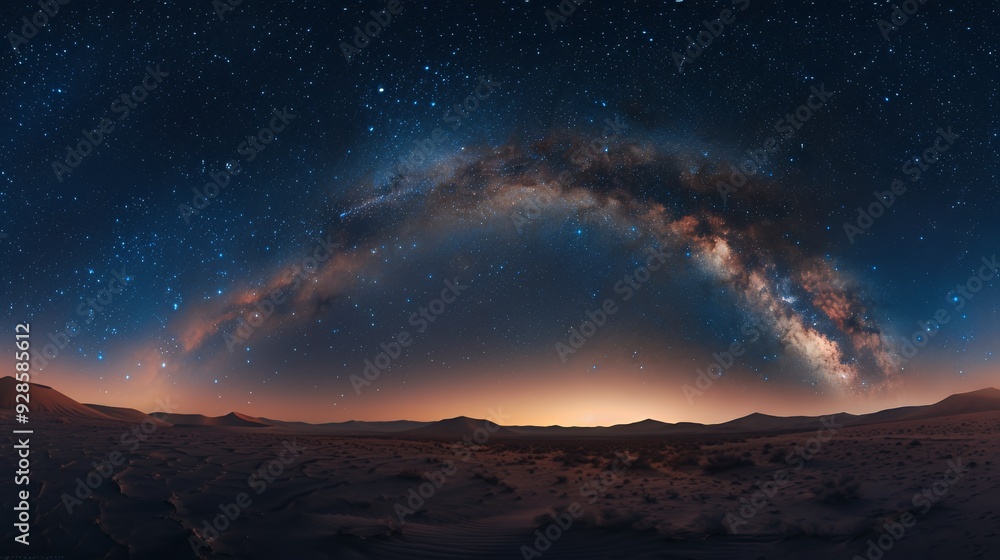A starry night sky with the Milky Way galaxy arching over a desert landscape. A starry night sky with the Milky Way galaxy arching over a desert landscape.