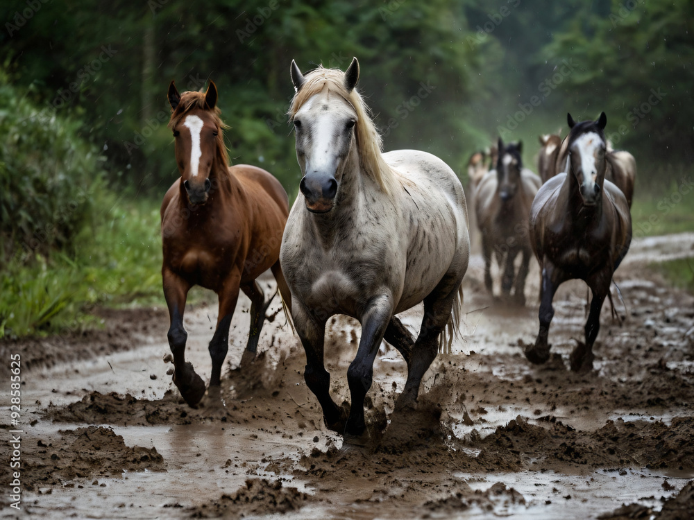 a gritty image of horses walking or trotting on muddy roads a gritty image of horses walking or trotting on muddy roads