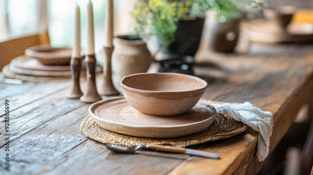 Fototapeta premium Rustic wooden dining table set with earthy ceramic bowl and plate, accented by candles and greenery in a cozy setting