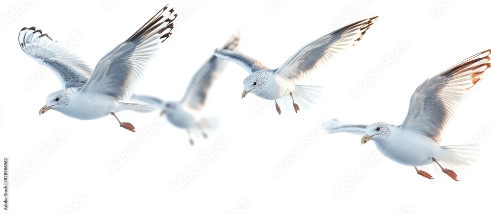 Obraz premium Three Seagulls Flying in Formation Against a White Background