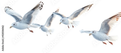 Three Seagulls Flying in Formation Against a White Background