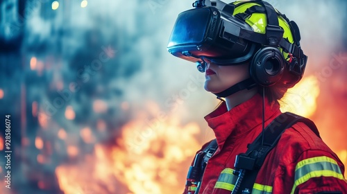 A firefighter wearing a VR headset stands in front of a fiery background.