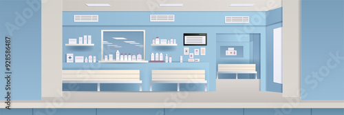 Pharmacy interior with medicine shelves and benches minimalist design pastel colors healthcare setting